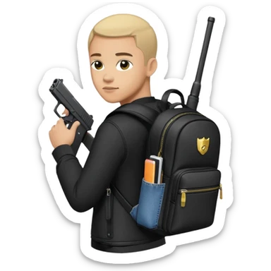 YN in all black, designer backpack, Glock with extended magazine, designer jeans sticker
