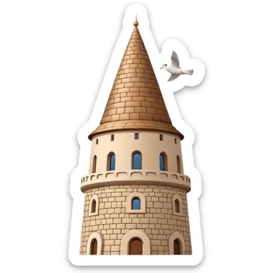 Minimalist smartphone emoji icon of Galata Tower Istanbul. Distinctive conical brown cap, stone texture, small windows. Light blue background, small seagull. Simplified building style. sticker
