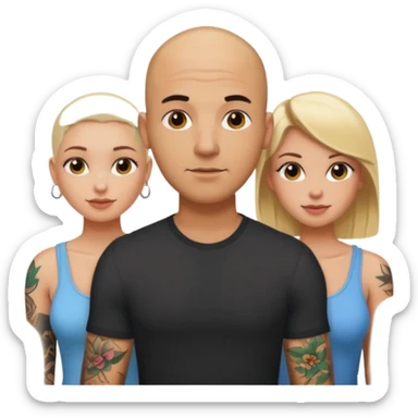 tattooed bbald male with two girlfriends a blonde and a brunette haired boob female   sticker