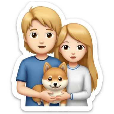 A long-haired girl -and- a boy -holding- a Shiba Inu sticker