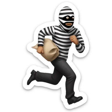 A robber in striped black and white clothes with a black eye mask on running away with a brown sack of money on his back  sticker