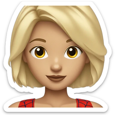 tanned blonde girl with bobbed hair and bleu eyes with spider man mask sticker