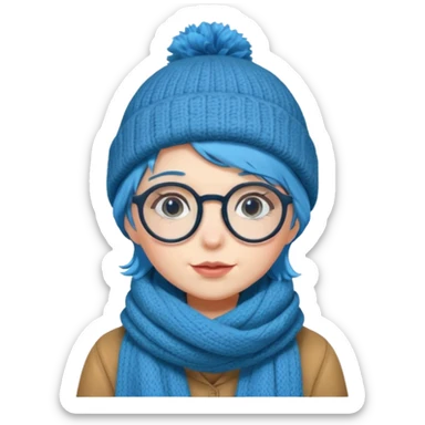 A shy blue straight hair woman with big round glasses and thick scarf and a beanie, blushing from the cold. sticker
