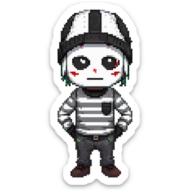 character with black and white striped shirt, black beanie, black mask over eyes sticker