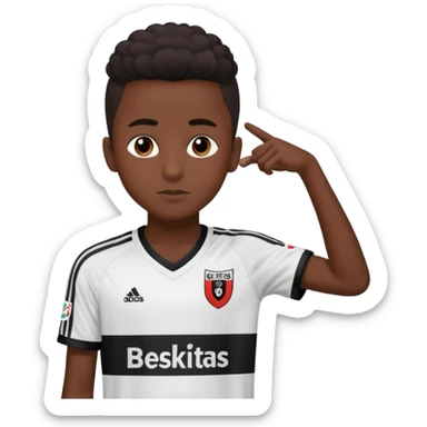 A dark-skinned boy, aged 15 and 16, is wearing a Besiktas jersey, black and white. sticker