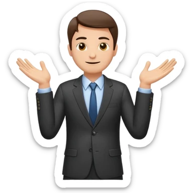 Sticker of a man in a business suit, front view, both arms extended straight in front of his body at chest level, elbows slightly bent, palms facing inward as if holding an invisible box, friendly expression, clean cartoon style, bold outlines, minimal background, emoji sticker style sticker