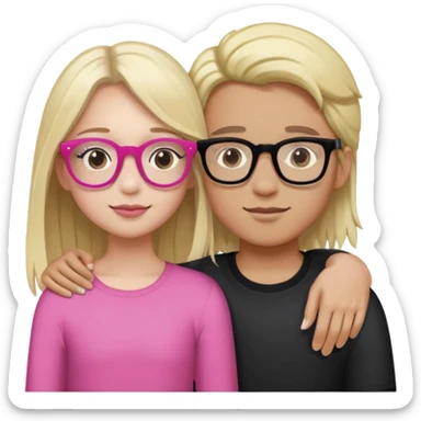 The girl has Dark Brown Hair, Pink glasses, And a mixed skin tone. Boy with white skin tone, Long Blonde Hair and black glasses. The two embrace each other  sticker