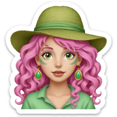 pink haired very long curly haired woman with full face light green clay mask  and big earrings and hat sticker