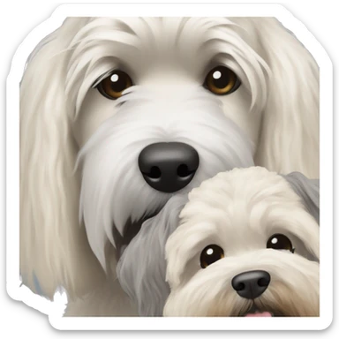 pretty woman blonde hair blue eyes hugging a white and gray soft coated wheaten terrier dog sticker