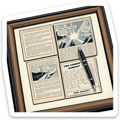 Create a detailed emoji representing the process of writing texts for comic books. The design should feature a large, open comic book with vintage comic strips visible on its pages. A pen should be shown writing text on one of the comic panels, but without a hand. The pencil should appear as though it is actively creating the dialogue or narration. Use a classic color palette with muted tones for the comic book and brighter accents on the pencil to draw attention to the writing process. Do not include any emojis or smiley faces. Make the background transparent. sticker
