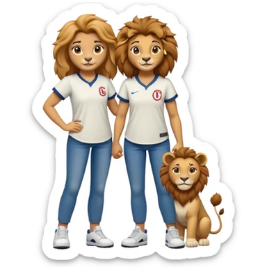 confident anthropomorphised female lion wearing a baseball shirt, jeans, and trainers, showing comfort and support to another character sticker