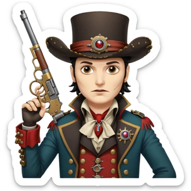 Adam Ant  painted with Indian war colors  is wearing like a highwaymen, holds two steam punk retro guns in his hands sticker