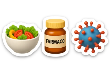 EMOJI STILE IPHONE DI una bowl di insalata, una boccetta di farmaco con la scritta "FARMACO" SULLA BOCCETTA E UN VIRUS, FLUTTUANO IN ARIA, IPERREALISTICO 4K sticker