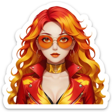 Beautiful gorgeous anime lady with beautiful fiery long warm-red-orange-yellow-gradient-wavy-special-hair, fashion aesthetic, slim red-tinted-sunglasses, accessories, gold jewelries, red-and-yellow sunny-pattern-eyes, black latex-suit, biker-woman, cool, badass, gold-sun-shaped-earrings, ahoge sticker