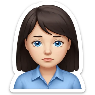 40 yr old woman, blue eyes, long straight dark brown hair, business shirt, chubby, bangs, long hair, tired sticker