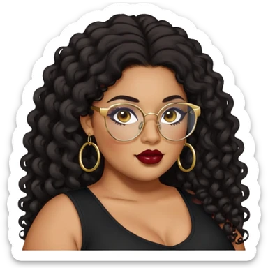 big plus size, latina, darker tan skin, gold hoops, long black curly hair, baddie,pretty, makeup, dark red lipgloss, black eyeliner, long hair, black top, black glasses sticker