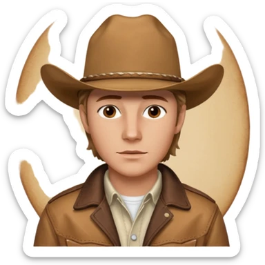 Ennis Del Mar from Brokeback Mountain with brown eyes, dark blonde hair, ivory shirt, brown jacket and cowboy hat sticker