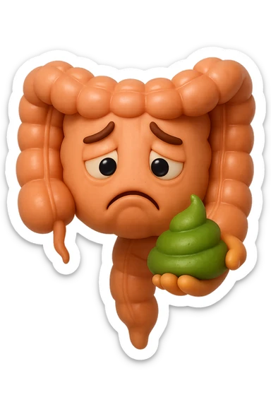 emoji stile iphone 3d di un intestino con espressione triste con cacca verde e liquida in mano, iperrealistiche 4k sticker
