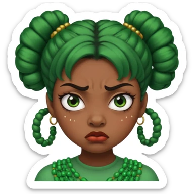 Create a 3D cartoon-style girl character with dark skin, round face, angry expression, big wide eyes, and tightly styled double buns made of green beaded hair. The girl should look irritated, eyebrows sharply angled, and lips pressed in a frown. sticker