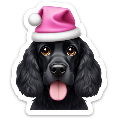 Black cocker spaniel wearing a pink Christmas hat sticker