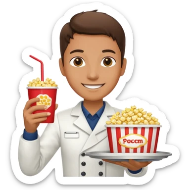 A smiling vendor carrying a tray of popcorn and drinks. sticker