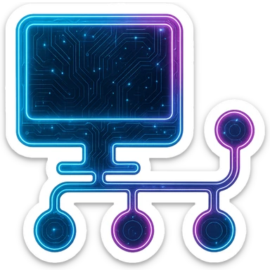 Transform the Device Manager icon into a cyberpunk, holographic style with glowing neon blue and pink edges, circuit patterns throughout the entire icon, and a transparent background. Maintain the recognizable computer and network node shapes, overlaying neon and circuit effects in the same futuristic, clean style as previous cyberpunk icons. The whole icon should have a consistent cyberpunk glow and intricate circuit details, emphasizing a futuristic, clean cyberpunk aesthetic with neon blue and pink glow and holographic circuit patterns. sticker