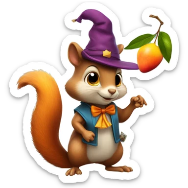 squirrel with a wizard hat an a mango in his hands sticker