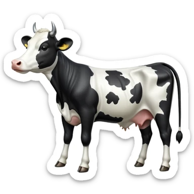 cinematic-[black and white cow]-realistic-full-body-standing-emoji,-tail-flicking-lazily,-head-tilted-dramatically,-sleek-[black and white]-coat,-simplified-yet-realistic-focused-features,-highly-detailed,-glowing-with-an-almost-sarcastic-glow sticker