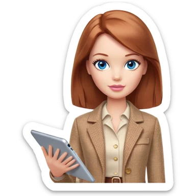 A Barbie girl with blue eyes, shoulder-length reddish-brown hair, made-up, wearing a beige tweed jacket and a beige skirt,  with a iPad Air sticker