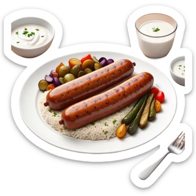Cinematic Realistic image of a long, sausage-shaped Turkish Köfte, rendered with richly spiced meat textures and subtle grill marks, artfully arranged on a traditional Turkish ceramic plate alongside classic sides such as a serving of aromatic pilaf, crisp grilled vegetables, and a dollop of creamy yogurt, all bathed in warm, appetizing lighting that emphasizes its savory allure. sticker