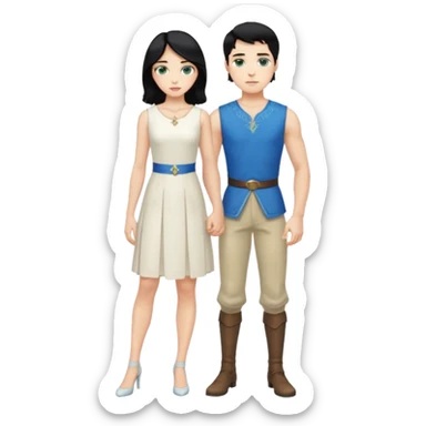 prince, standing upright, black Hair, blue eyes, garment,  woman, bending knee, sleveless white dress, blonde hair, green eyes, sticker