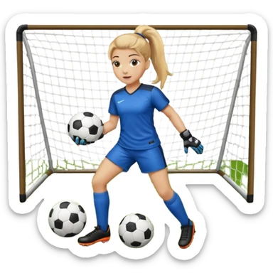 Make a dirty blonde football goalkeeper with goalkeeper gloves on holding a football. The girl is light skinned and wearing a football kit and football shoes. Standing in front of football goal. Wearing a ponytail with the dirty blonde hair. Without a American football ball sticker