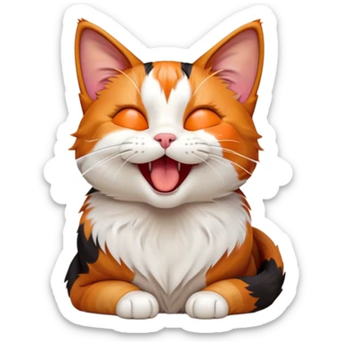 Cinematic Cute Yawning Calico Cat Portrait Emoji, Head tilted mid-yawn with a charming, relaxed expression, showcasing a soft patchwork fur of vibrant orange, black, and white, simplified yet irresistibly adorable, highly detailed, glowing with a cozy, gentle radiance, high shine, exuding sleepy yet endearing charm, styled with a soft glowing outline, capturing the essence of a calico cat caught in a delightful yawn that seems ready to cuddle up for a nap! sticker