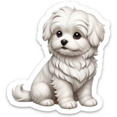detailed-[wavy haired maltese-dog]-realistic-full-body-sitting-emoji,-tail-resting-loosely-beside-its-paws,-head-tilted-dramatically,--wavy-[white]-fur,-simplified-yet-realistic-focused-features,-highly-detailed,-glowing-with-an-almost-sarcastic sticker