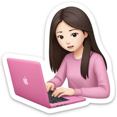 Stressed long hair brunette asian working on pink laptop  sticker