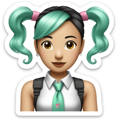 An Asian girl with long mint colored twin ponytail wearing a sleeveless silver shirt, a mint colored tie, and a black flared arm sleeve with a red 01 tattoo on her left arm has a pink square with a black border running through each ponytail sticker