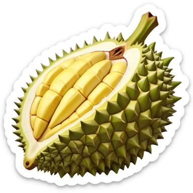 Cinematic Realistic Durian Fruit Dish Emoji, depicted as the notorious spiky fruit with a rich, custardy interior rendered with lifelike detail and bold, distinctive lighting. sticker