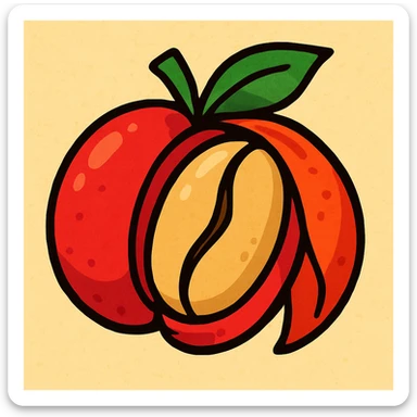 vibrant toon style coffee berry with the outer skin peeled back to show the coffee bean sticker