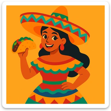 Mexican woman in a colorful dress, large sombrero, smiling and holding a taco, cartoon style sticker