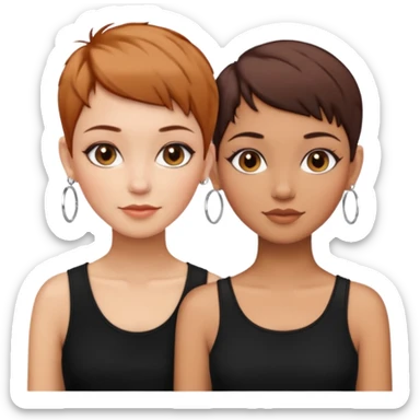 Puerto Rican fair skin straight brown pixie cut hair with hoop earrings make up and my best friend caramel colored pixie cut with jewelry and makeup on her face besties side-by-side wearing black  sticker