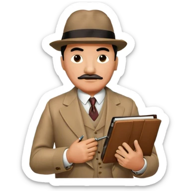 A cinematic-style frame showing Hercule Poirot in his iconic suit with a notebook in a dramatic detective pose. Background should be mysterious city, map, a board with photos of suspects, clues like fingerprints. Transparent background. sticker