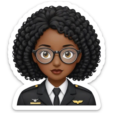 femme pilote d'avion en uniforme noir aux cheveux bouclés noir et petites lunettes arrondis identique avec des cheveux très long et la peau noir mais légèrement plus claire avec les cheveux attachés. 1 seule personne sticker