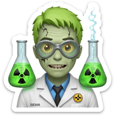 radioactive zombie scientist portrait, head and shoulders only, glowing toxic veins, cracked goggles, lab coat with radiation badge, sinister smile, 3D cartoon, mobile game icon style, clean background, no text, no watermark
 sticker