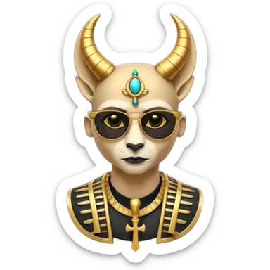 3D cartoon horned character portrait, wearing sunglasses, gothic ancient Egyptian style, pharaoh collar, dark gold and black outfit, ankh symbols, Egyptian jewelry, mysterious expression, soft dramatic lighting, centered, clean background, no text, no watermark sticker