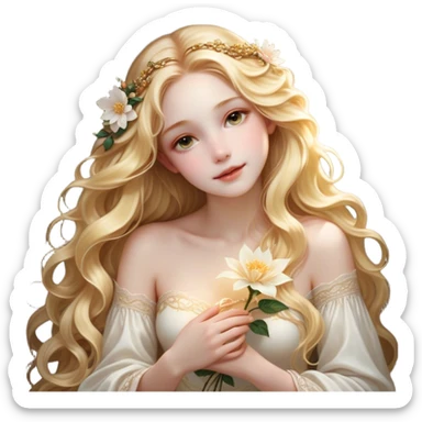 Cinematic Realistic Rapunzel Portrait, with porcelain-like skin featuring a subtle, natural glow, illuminated by soft lighting that brings out the gentle contours of her face. Her long, golden blonde hair cascades in detailed waves, each strand highlighted with a radiant shimmer as it catches the light. She playfully holds a flower in one hand, her other hand resting casually in her lap, with a warm and spirited expression. Her bright, expressive green eyes exude curiosity and warmth, framed by delicate lashes and soft, arched brows. She is dressed in her classic lavender and pink gown, the fabric textured with delicate folds that flow naturally, catching the light with a soft, radiant glow. The portrait captures a luminous, enchanting aura, seamlessly blending realism with a whimsical, fairytale charm, evoking a timeless sense of beauty and magic. sticker