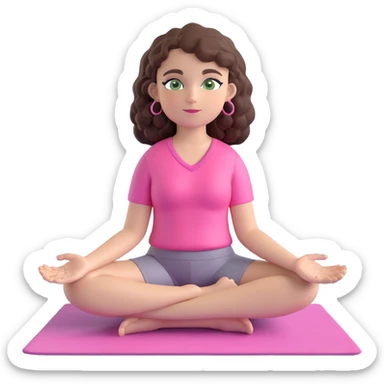 yoga girl with dark brown curly hair, green eyes, wearing pink clothes, sitting cross-legged on a yoga mat, emoji style sticker