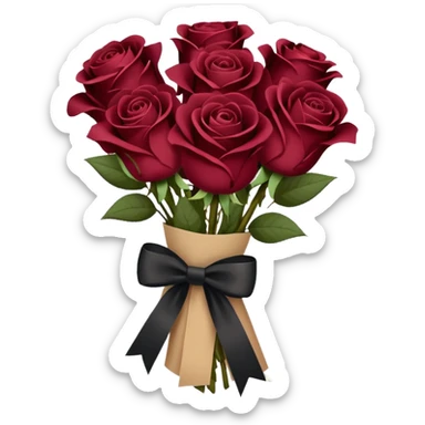 Burgundy bouquet of roses wrapped in beige paper with a black bow sticker
