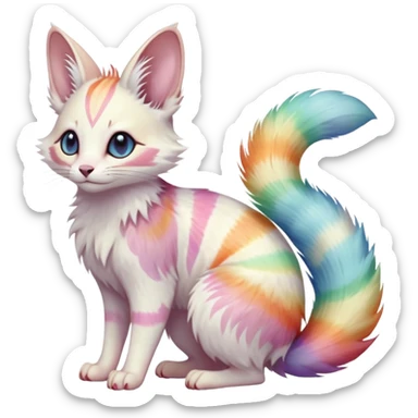  Realistic cute adorable pastel-iridescence-gradients albino fur with random colorful iridescent rainbow markings beautiful elegant pretty precious cute  Fakémon-Pokémon-opossum-feline-serval-caracal-chinchilla-Minccino-hybrid-creature with a big fluffy bushy striped tail (full body) sticker