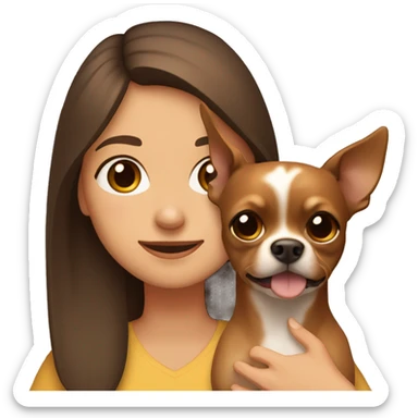 A brown-haired girl with brown eyes holds a brown Chihuahua dog in her arms sticker