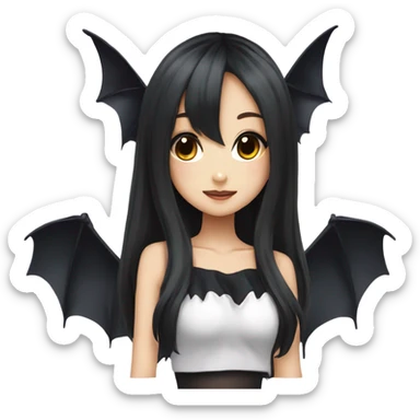 hime gyaru girl, beautiful long black hair, black top, bat wings sticker
